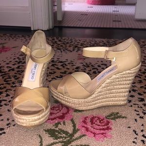 Jimmy Choo Tan Patent Leather Woven Wedges size 39